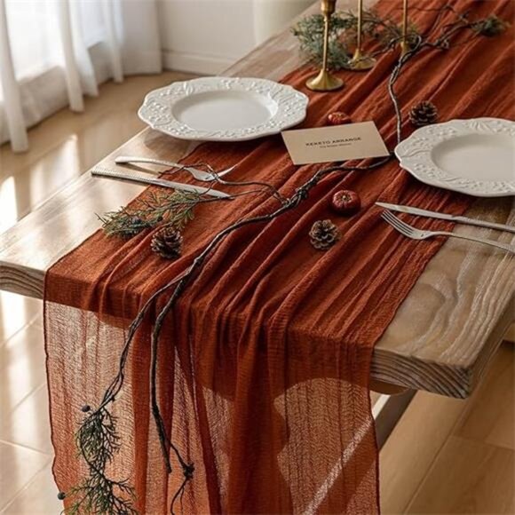 Fall Table Runner Terracotta Rust Gauze 120 Inch 10 FT Rustic Burnt Orange - Picture 7 of 7